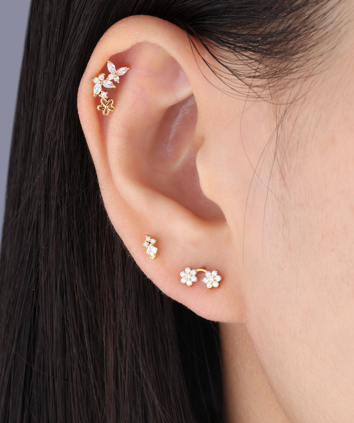 Butterfly Flower Stud - Stainless Steel - Upper Lobe, Helix, Flat - Oumo Jewelry