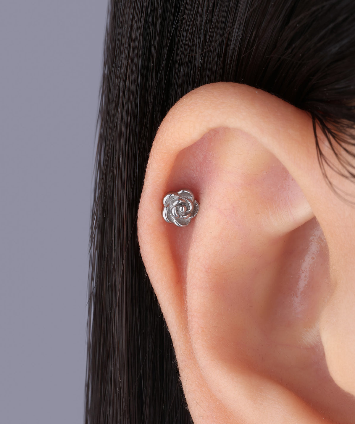 Rose Flatback Stud - Stainless Steel - Helix, Upper Lobe, Conch - Oumo Jewelry