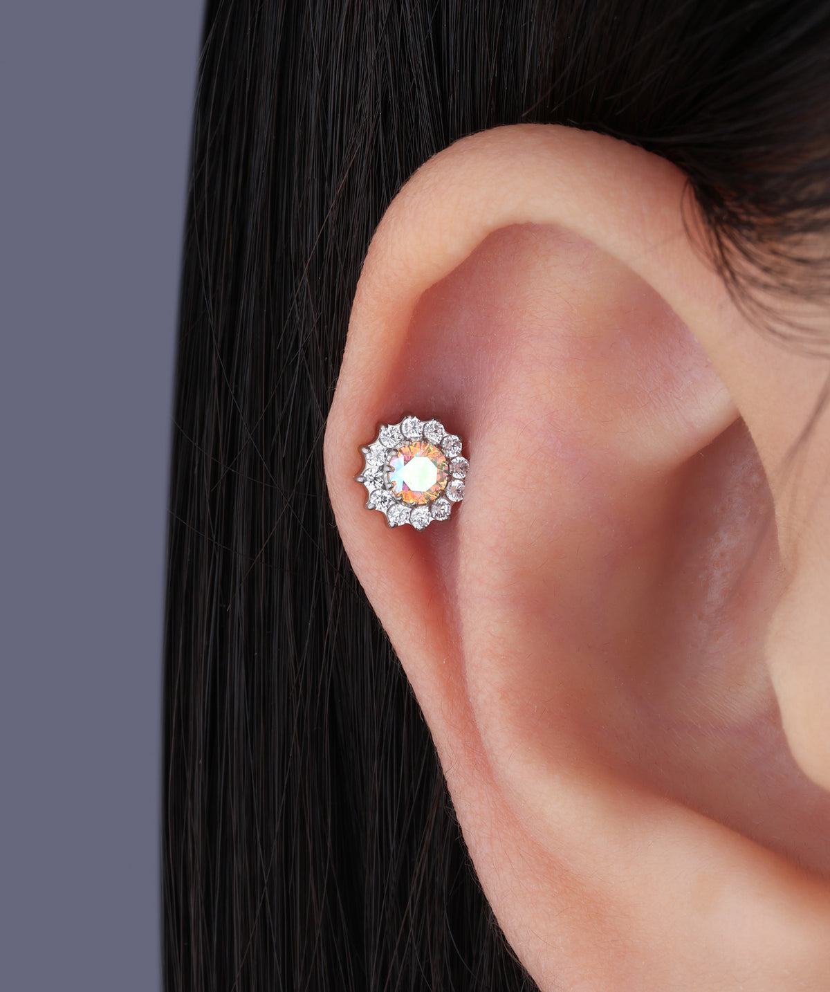 Titanium Charm Flower Flatback Stud - Titanium - Upper Lobe, Flat, Conch - Oumo Jewelry