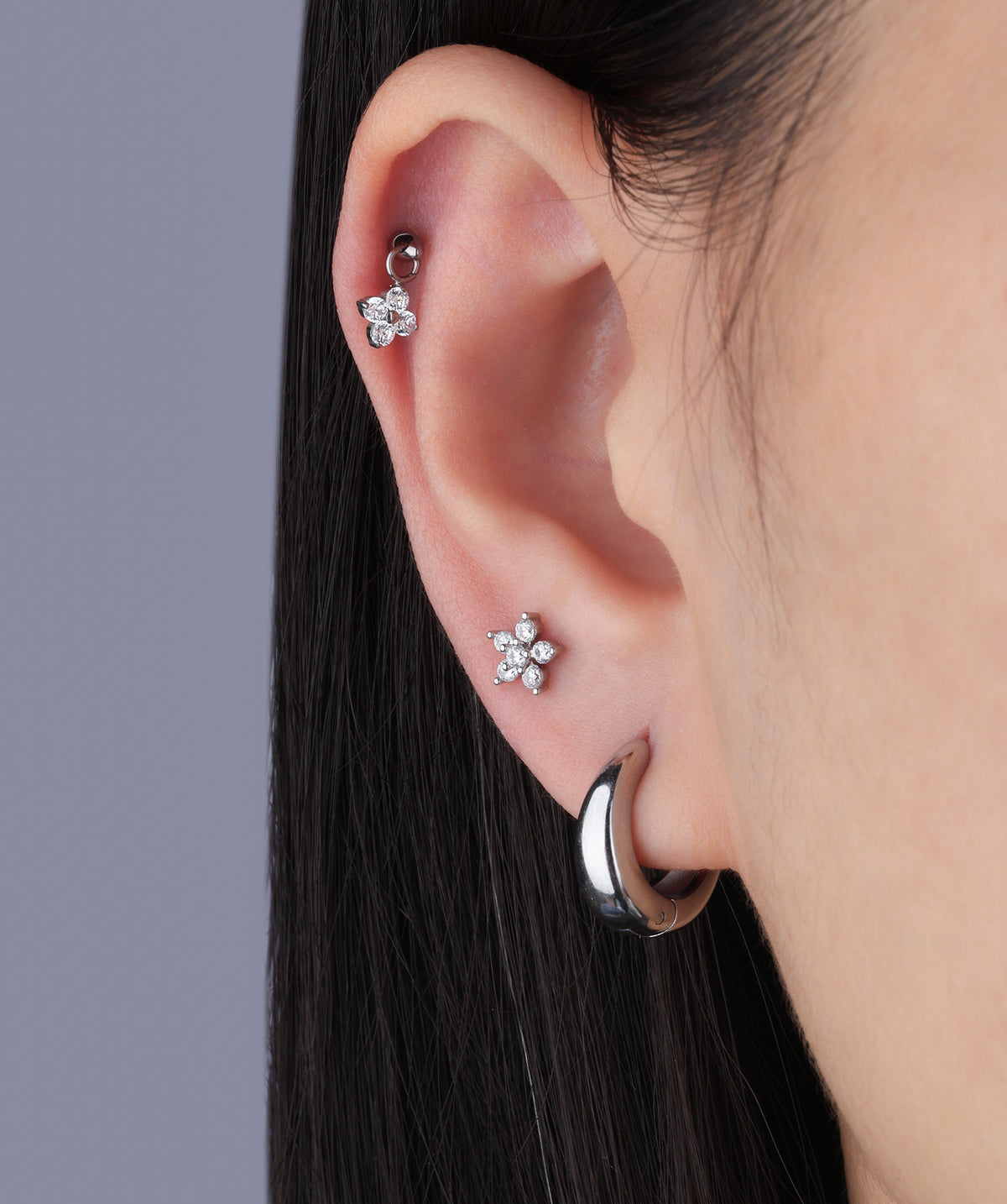 Titanium Flower Vertical Helix Flatback Stud - Titanium - Vertical Labret - Oumo Jewelry