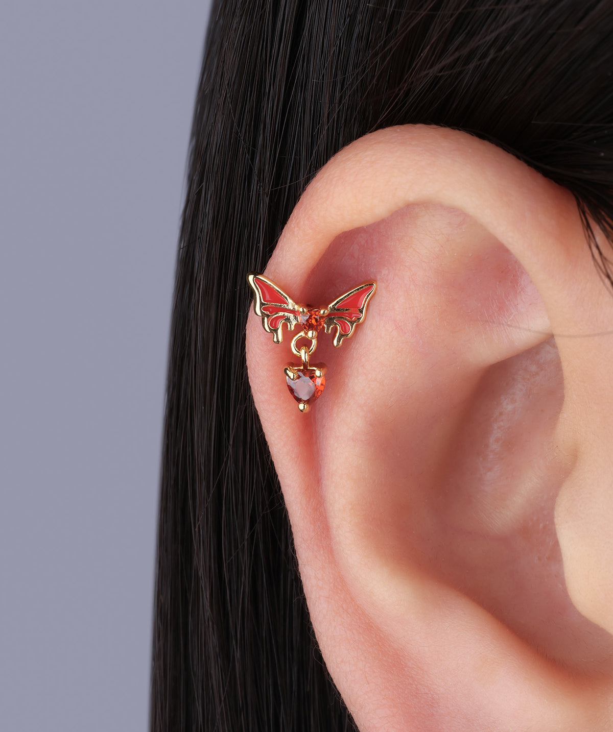 Enamel Butterfly Heart Flatback Drop - Stainless Steel - Upper Lobe, Helix, Flat - Oumo Jewelry