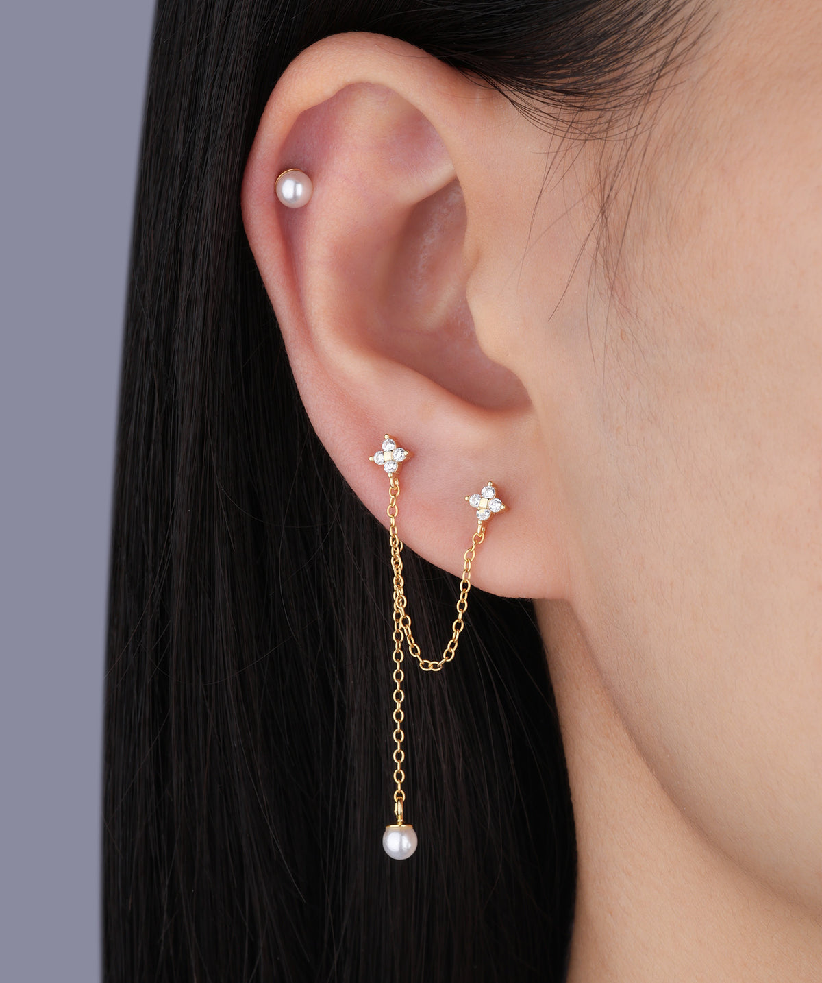 Flower & Pearl Chain Drop - Sterling Silver 925 - Lobe, Upper Lobe - Oumo Jewelry