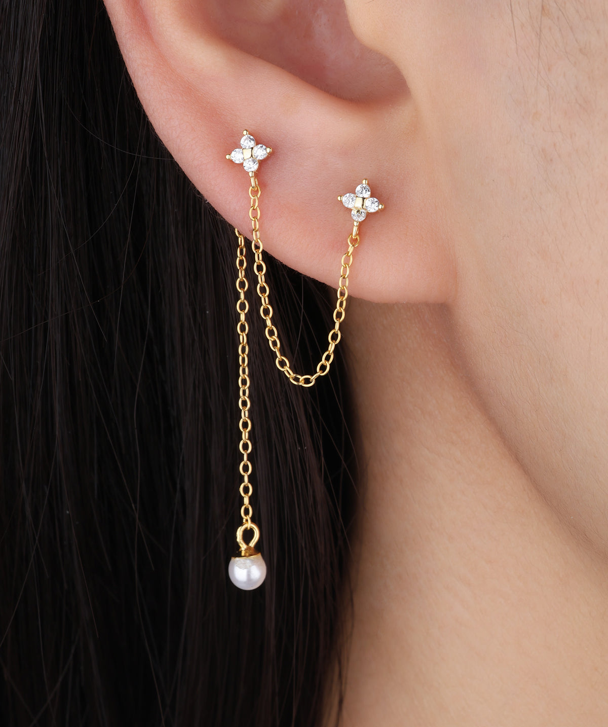 Flower & Pearl Chain Drop - Sterling Silver 925 - Lobe, Upper Lobe - Oumo Jewelry