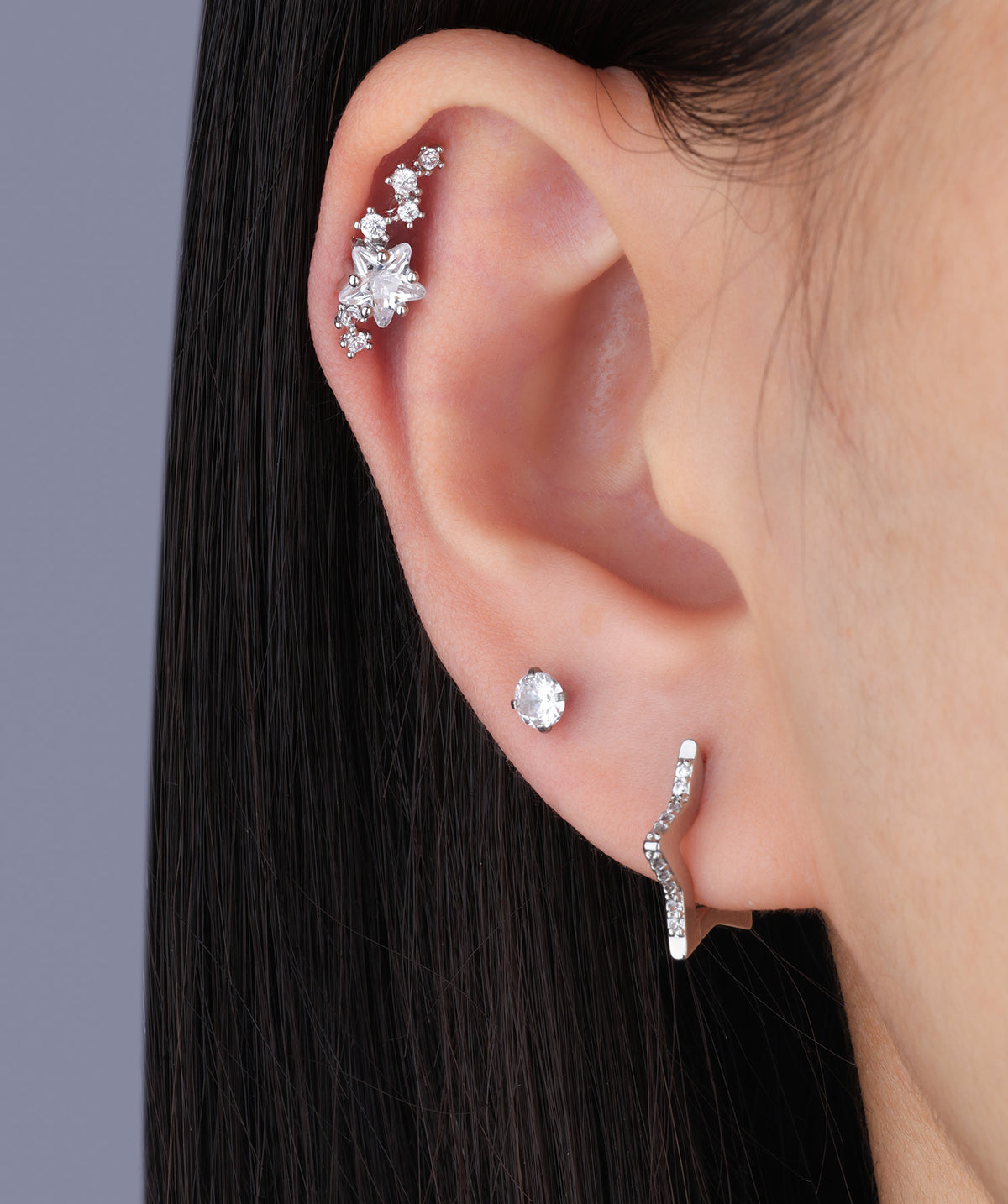 Dazzling Curved Star Flatback Stud - Stainless Steel - Helix, Upper Lobe, Flat - Oumo Jewelry