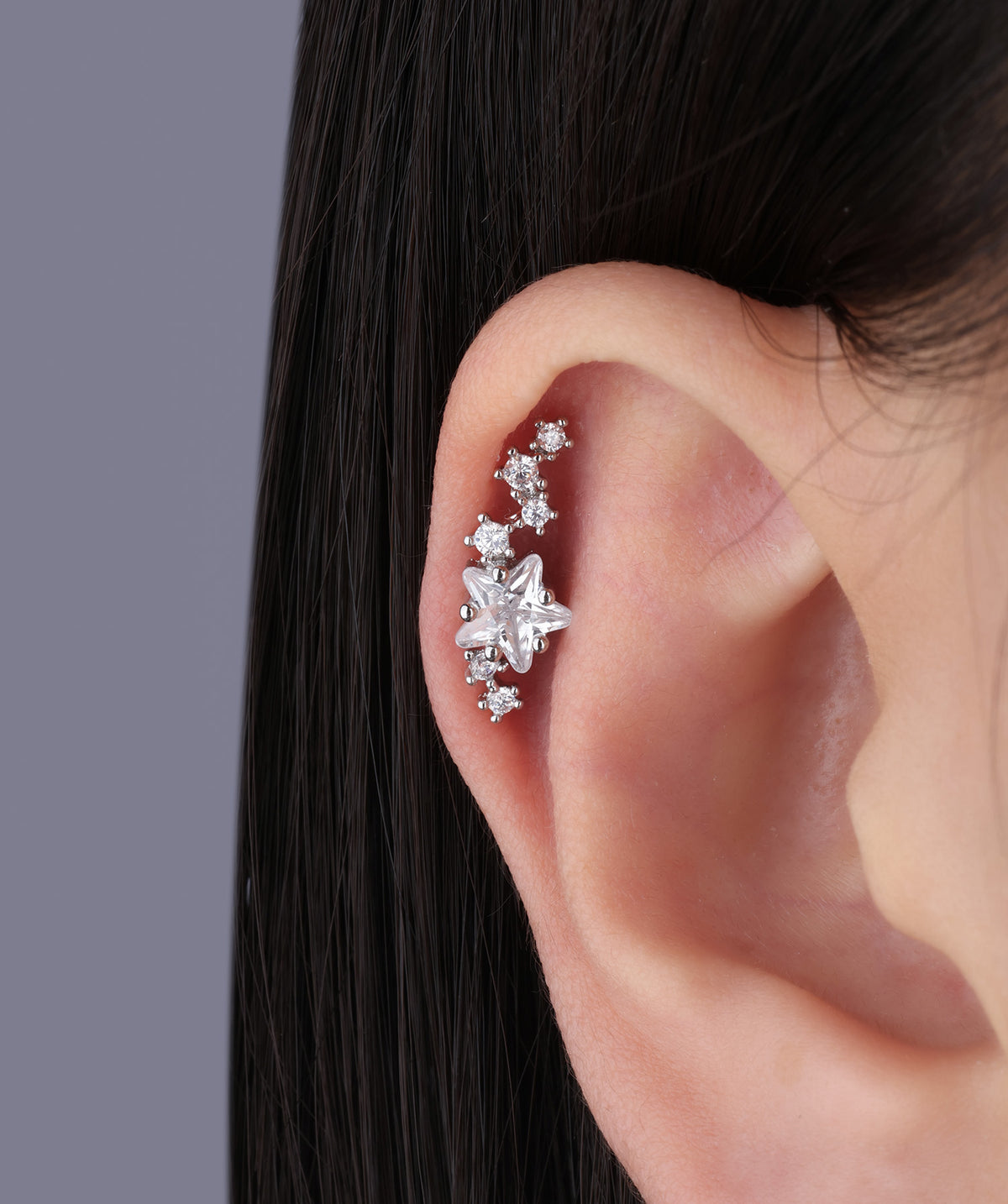 Dazzling Curved Star Flatback Stud - Stainless Steel - Helix, Upper Lobe, Flat - Oumo Jewelry