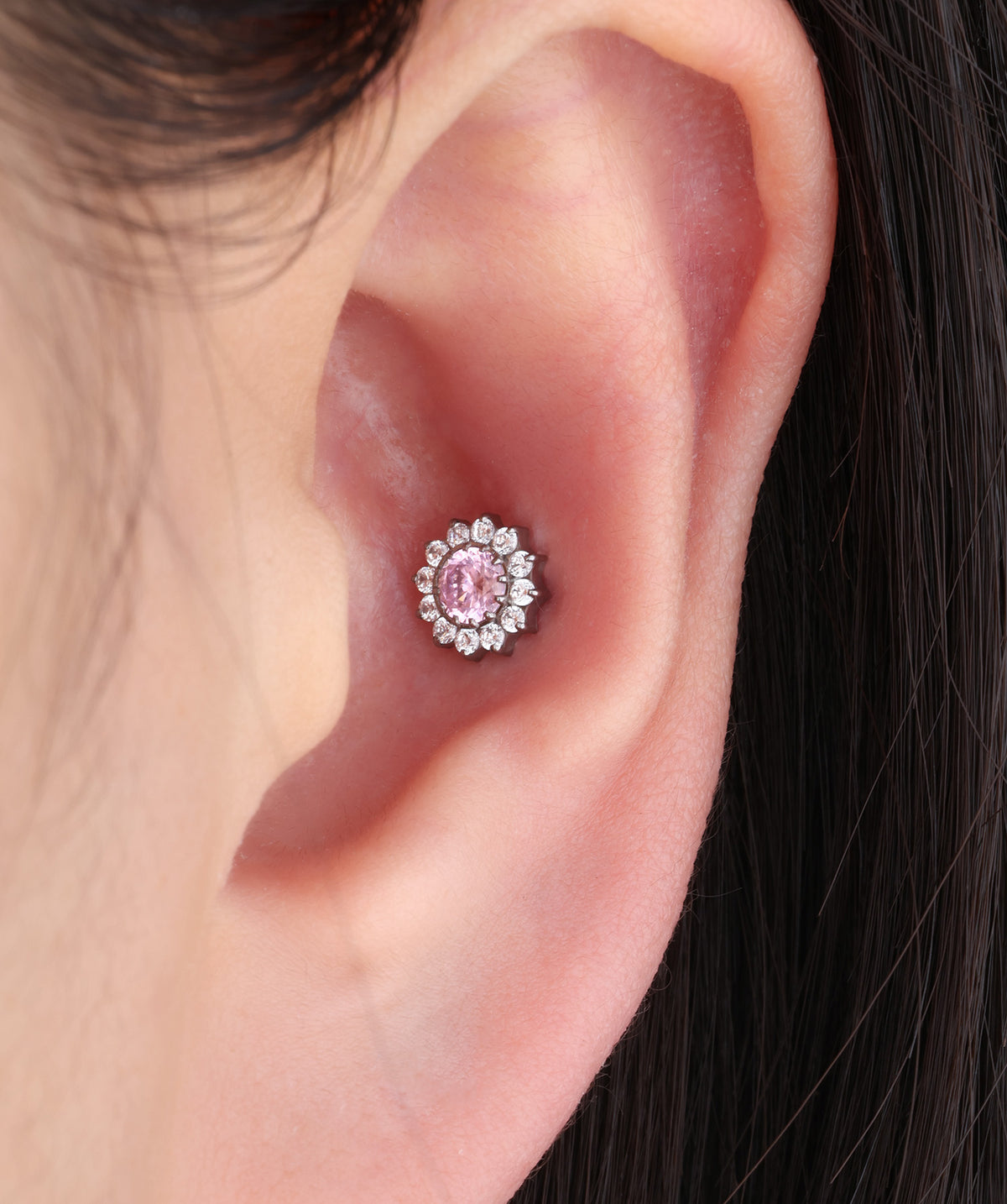 Titanium Charm Flower Flatback Stud - Titanium - Upper Lobe, Flat, Conch - Oumo Jewelry