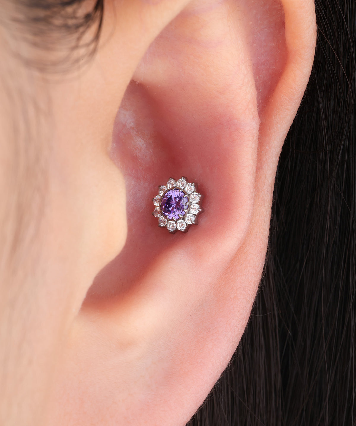 Titanium Charm Flower Flatback Stud - Titanium - Upper Lobe, Flat, Conch - Oumo Jewelry