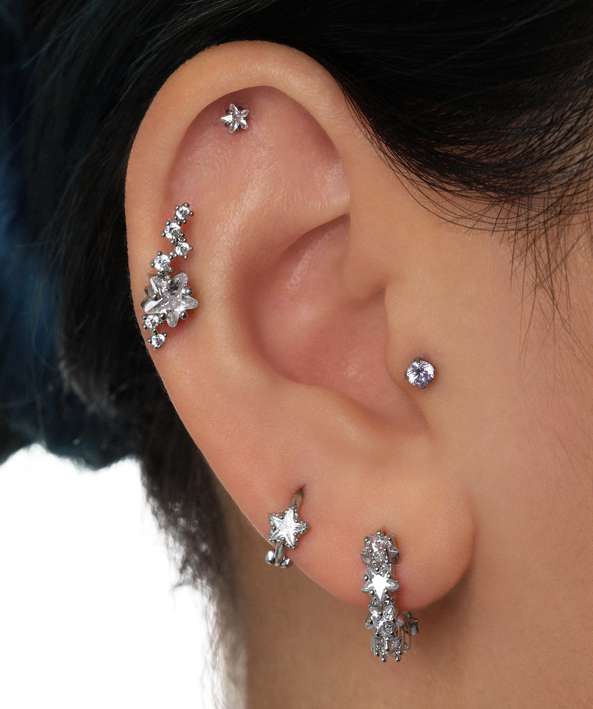 Dazzling Curved Star Flatback Stud - Stainless Steel - Helix, Upper Lobe, Flat - Oumo Jewelry
