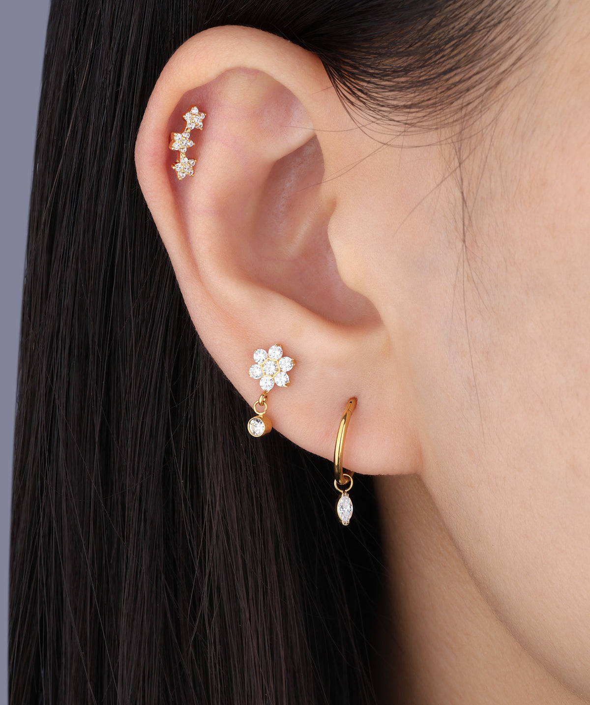 Titanium Flower Gem Flatback Drop - Titanium - Upper Lobe, Helix, Flat - Oumo Jewelry