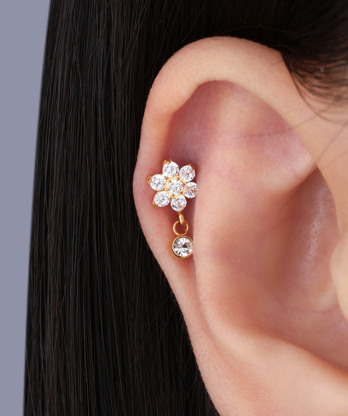 Titanium Flower Gem Flatback Drop - Titanium - Upper Lobe, Helix, Flat - Oumo Jewelry