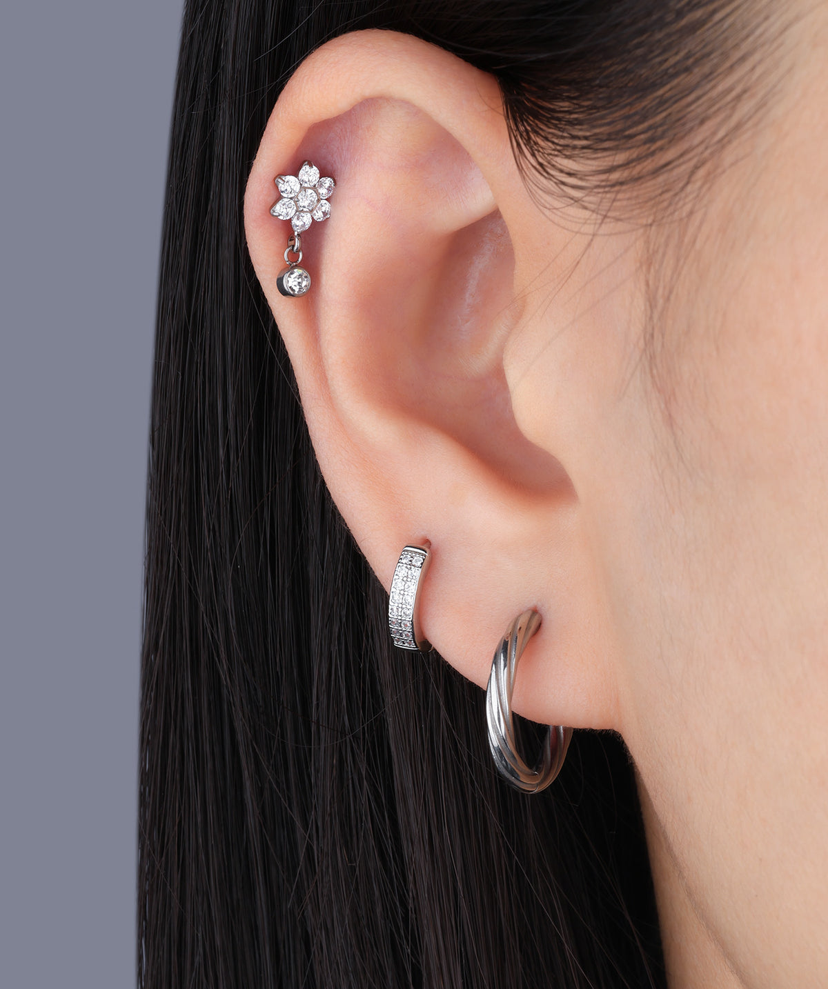 Titanium Flower Gem Flatback Drop - Titanium - Upper Lobe, Helix, Flat - Oumo Jewelry