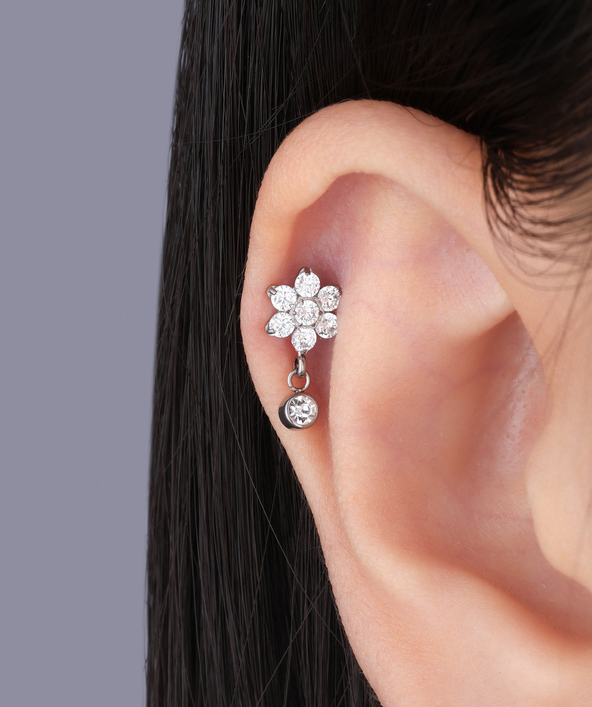 Titanium Flower Gem Flatback Drop - Titanium - Upper Lobe, Helix, Flat - Oumo Jewelry