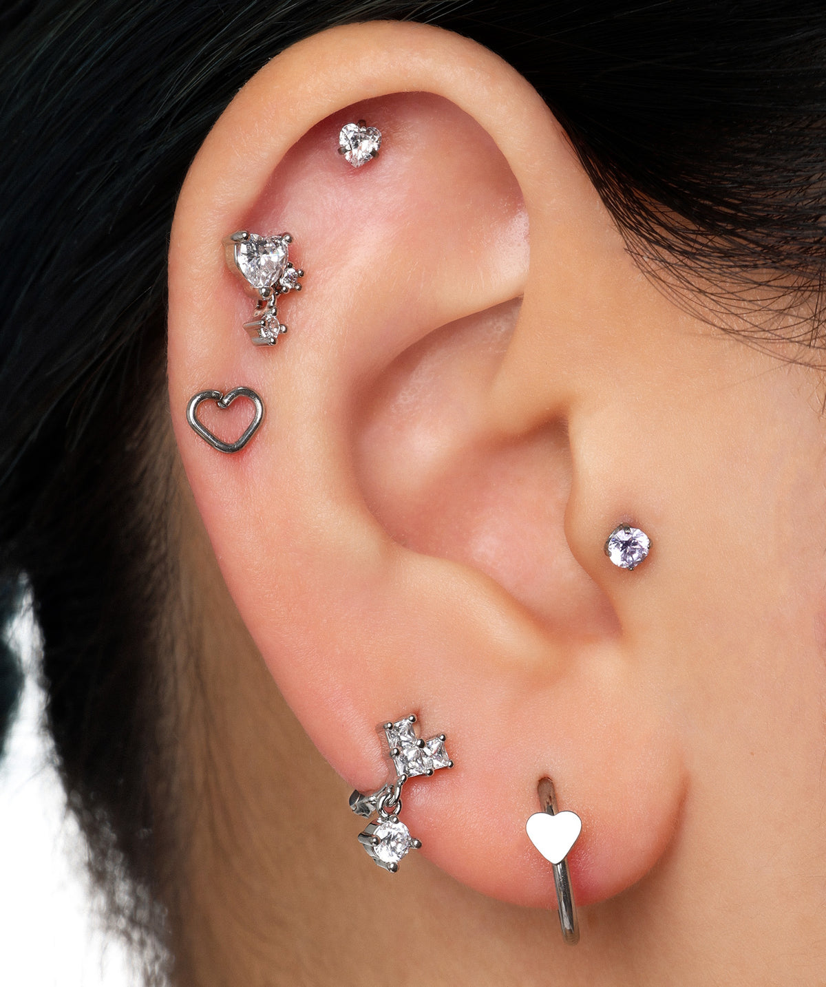 Crystal Heartfall - Stainless Steel - Upper Lobe, Flat, Helix - Oumo Jewelry
