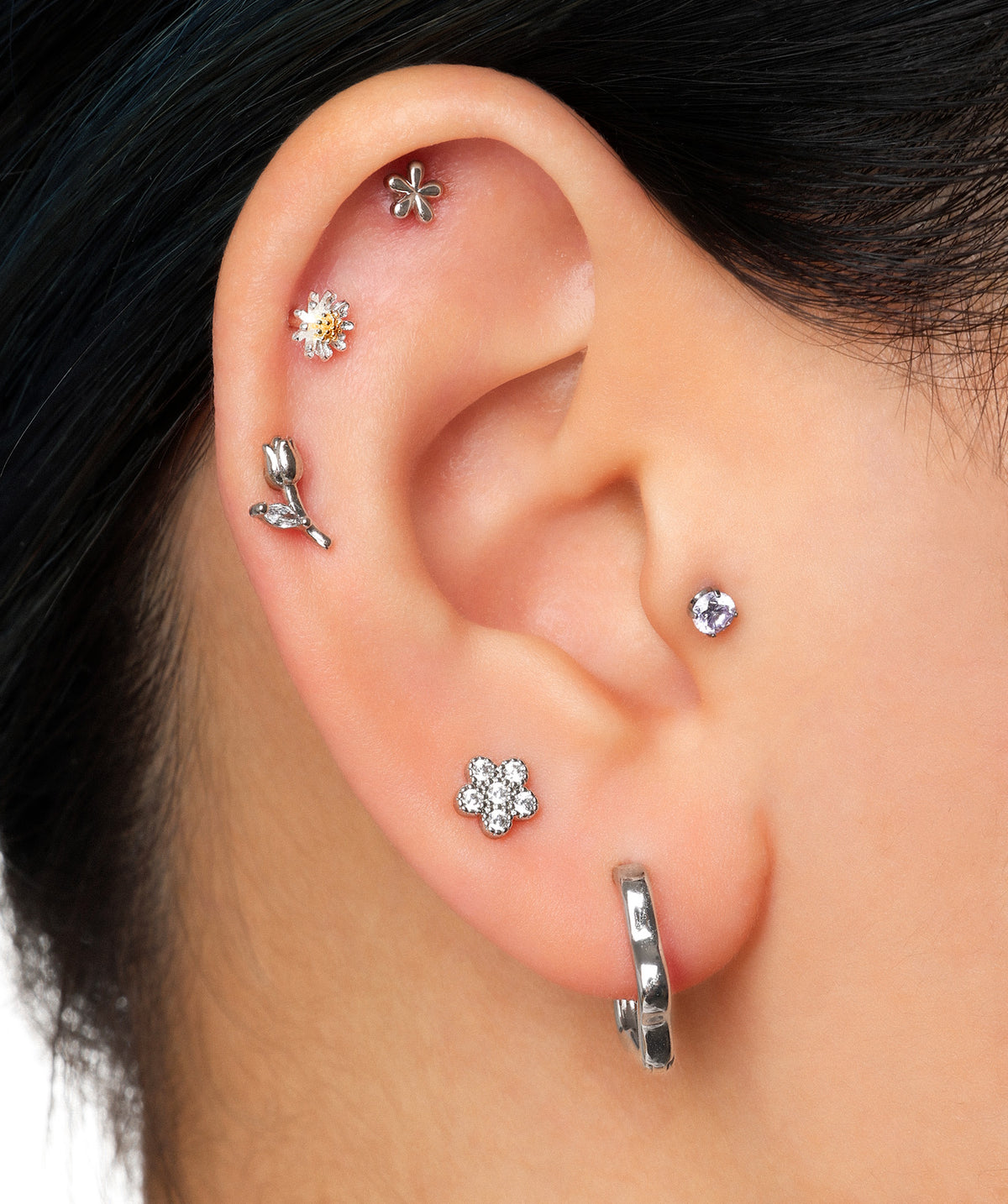 Sparkle Charm Flower Stud - Stainless Steel - Upper Lobe, Helix - Oumo Jewelry