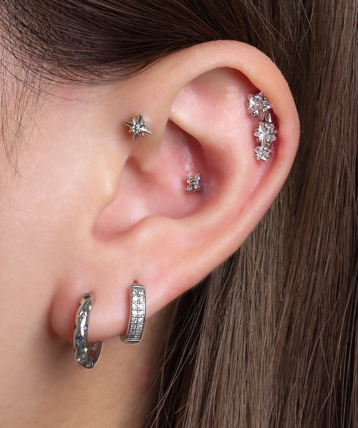 Triple Stars Stud - Stainless Steel - Upper Lobe, Helix, Flat - Oumo Jewelry