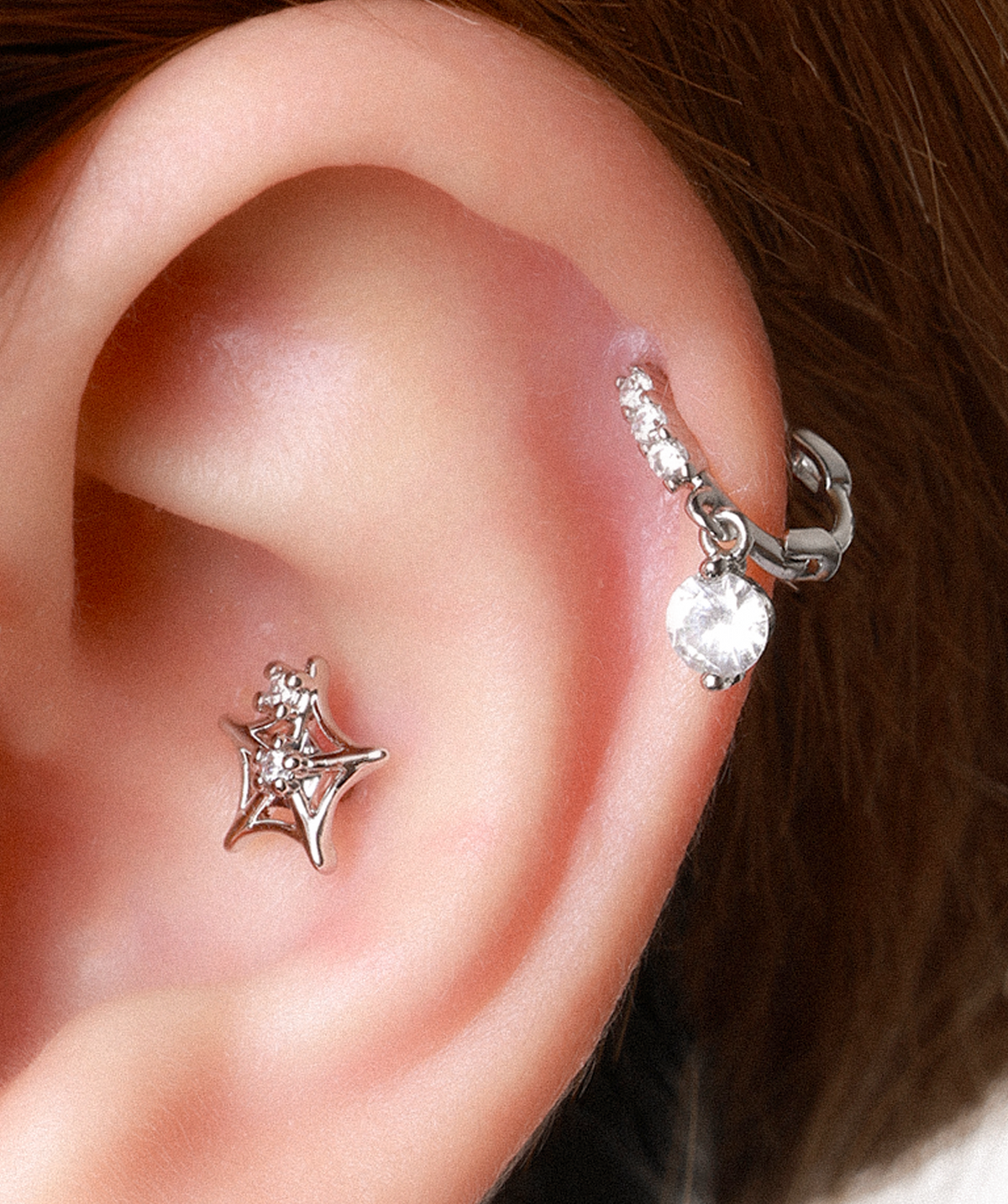 Twinkling Cobweb Stud - Stainless Steel - Upper Lobe, Helix, Flat - Oumo Jewelry