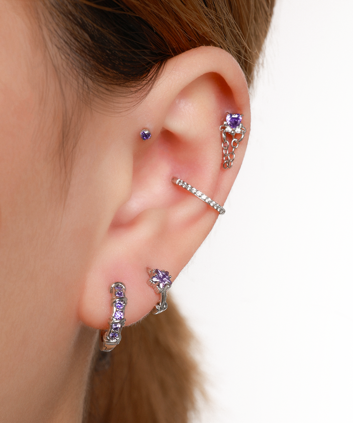 Amethyst Charm Stud - Stainless Steel - Upper Lobe, Helix, Flat - Oumo Jewelry