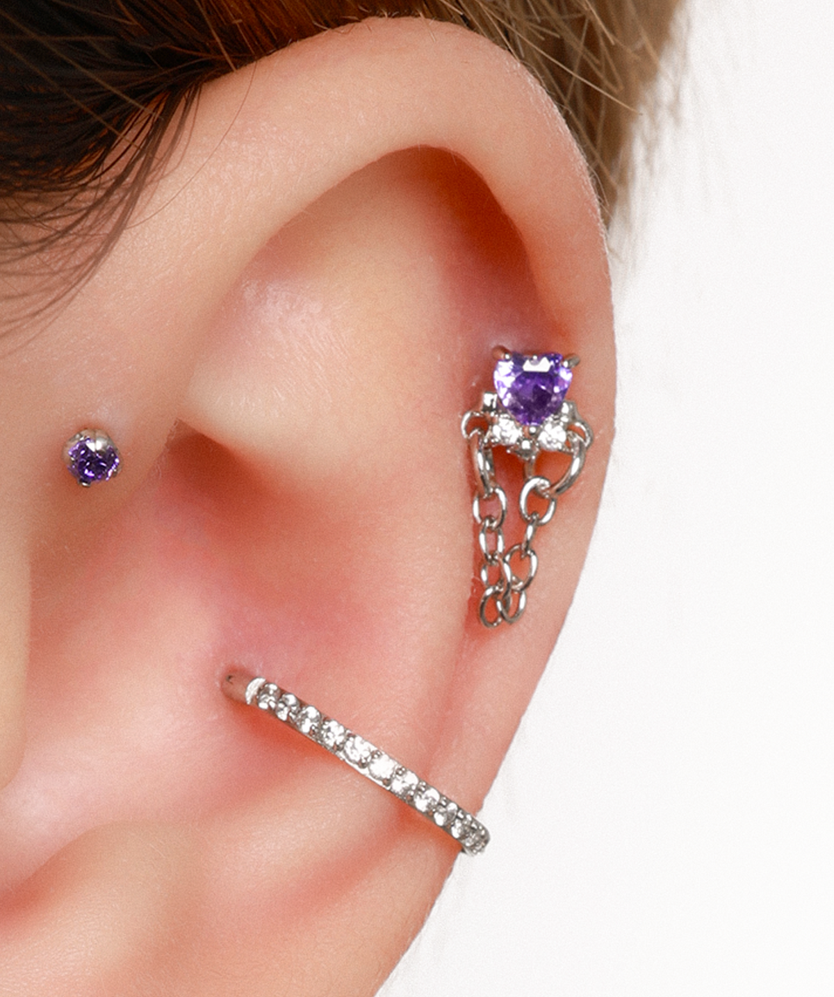 Amethyst Charm Stud - Stainless Steel - Upper Lobe, Helix, Flat - Oumo Jewelry