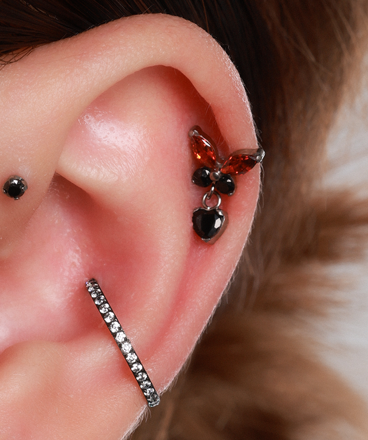 Titanium Charm Butterfly Stud - Titanium - Upper Lobe, Helix, Flat - Oumo Jewelry