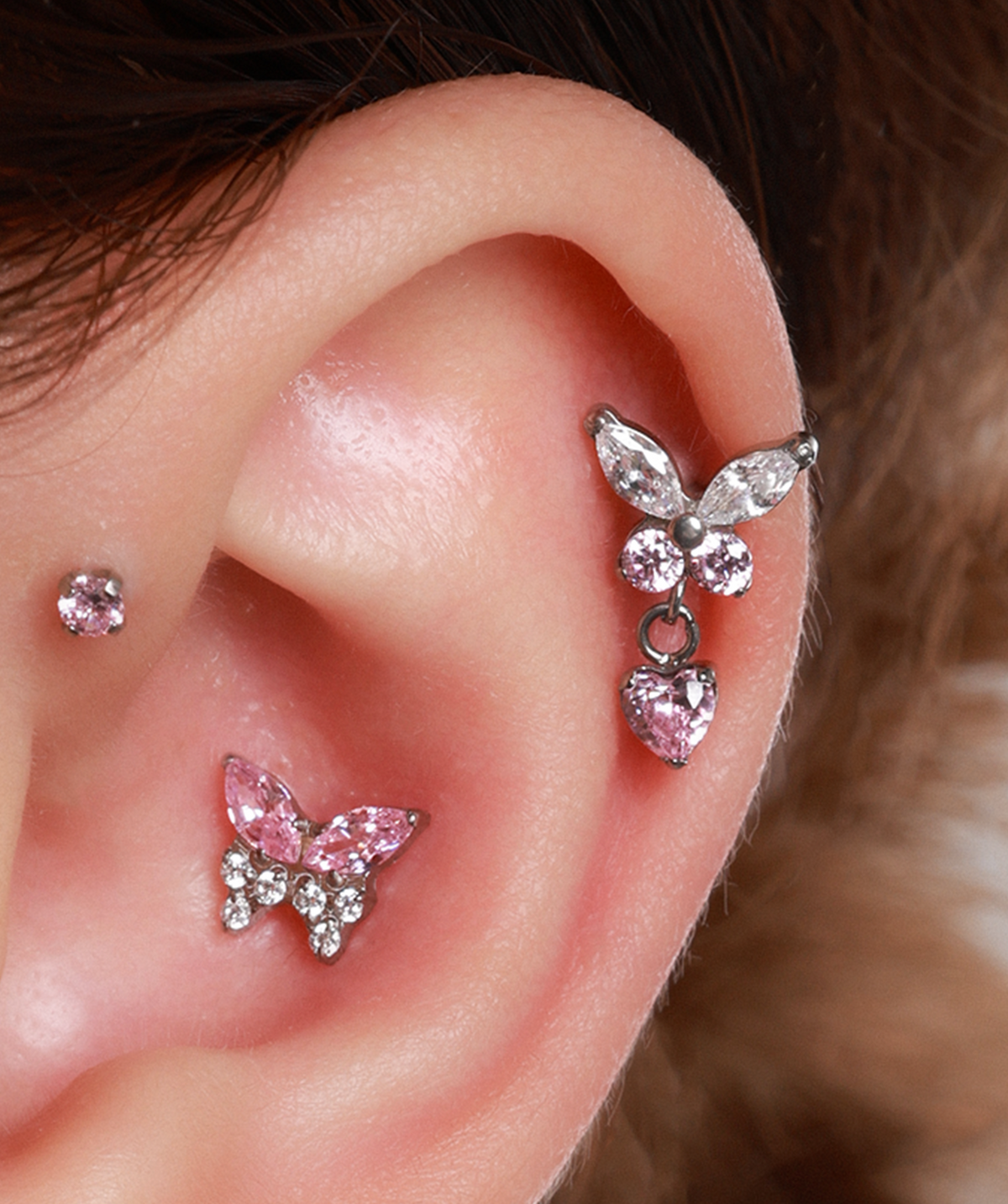 Titanium Charm Butterfly Stud - Titanium - Upper Lobe, Helix, Flat - Oumo Jewelry