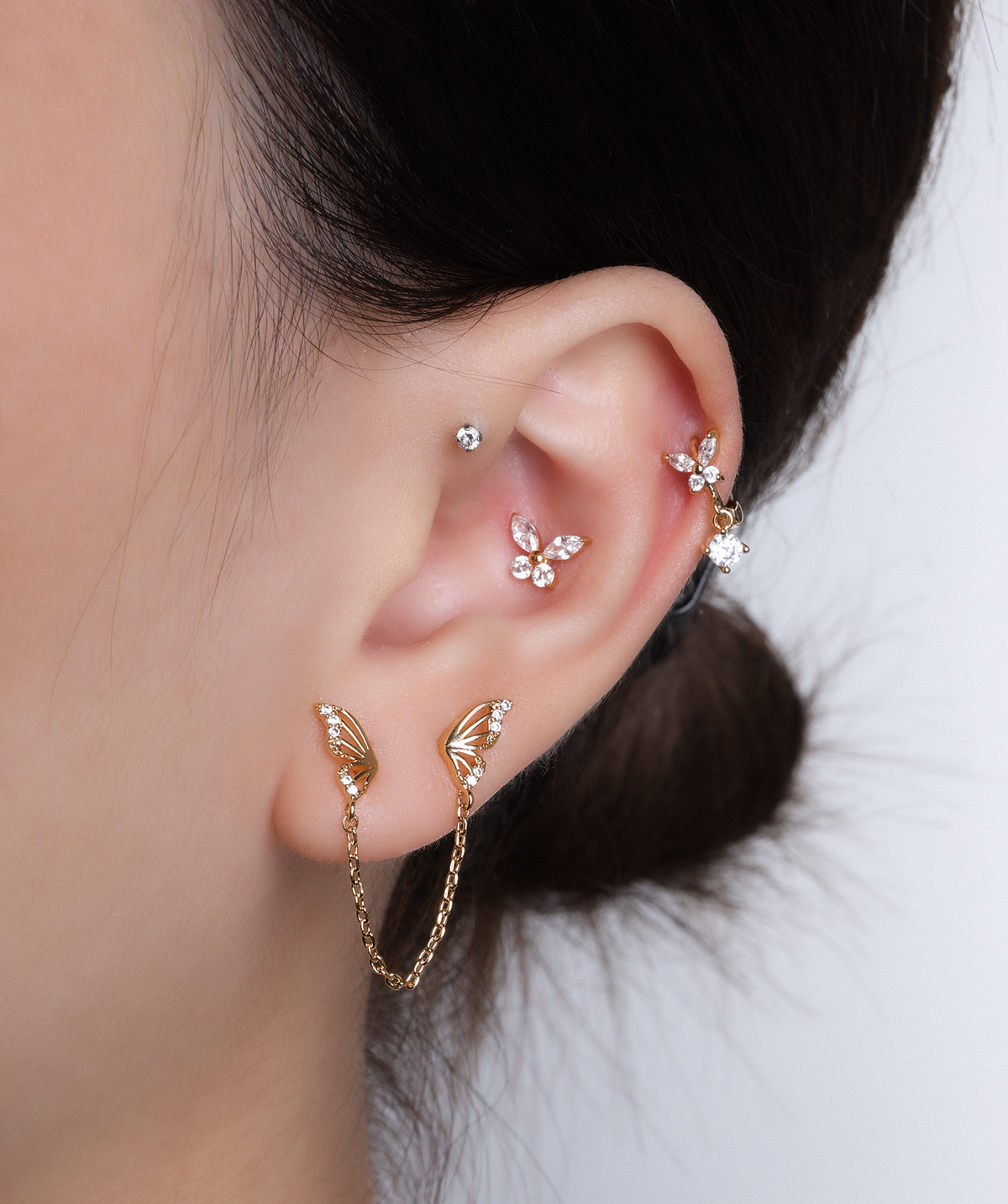 Butterfly Chain Stud - Stainless Steel - Lobe, Upper Lobe - Oumo Jewelry