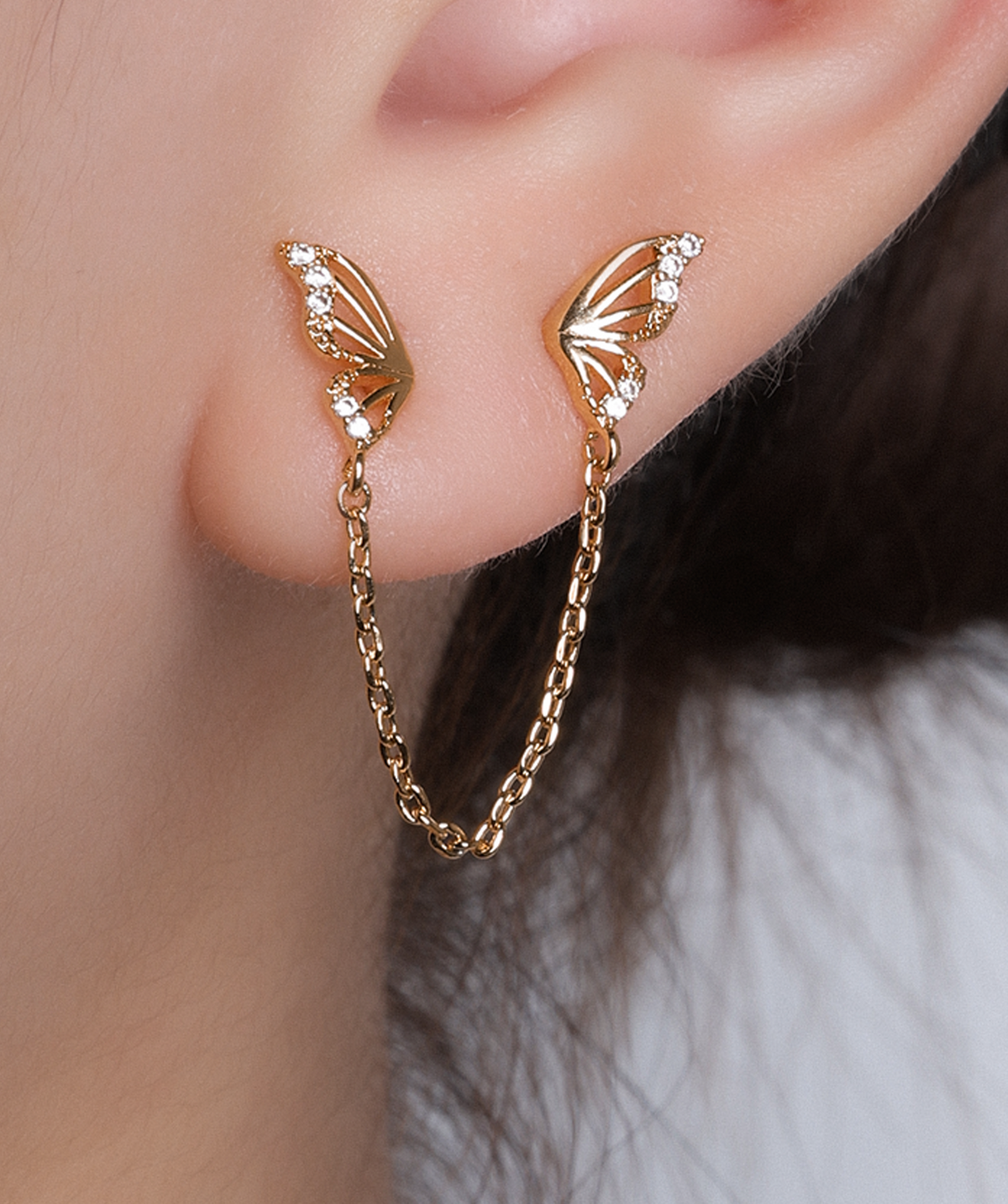 Butterfly Chain Stud - Stainless Steel - Lobe, Upper Lobe - Oumo Jewelry