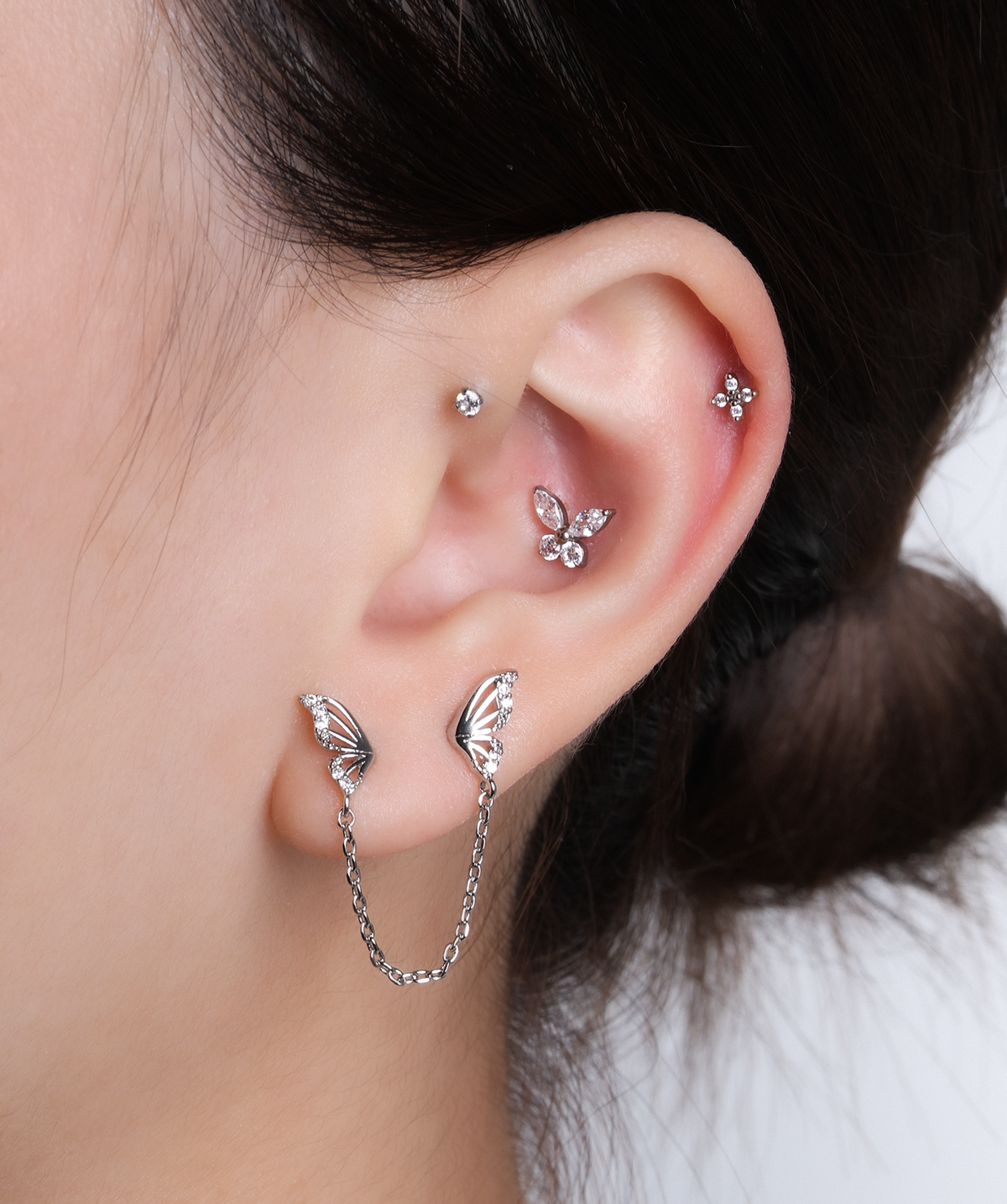 Butterfly Chain Stud - Stainless Steel - Lobe, Upper Lobe - Oumo Jewelry