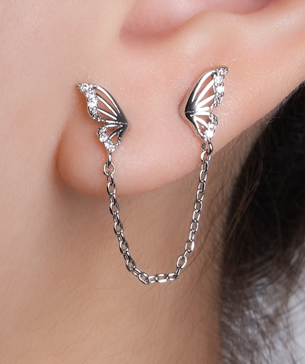 Butterfly Chain Stud - Stainless Steel - Lobe, Upper Lobe - Oumo Jewelry