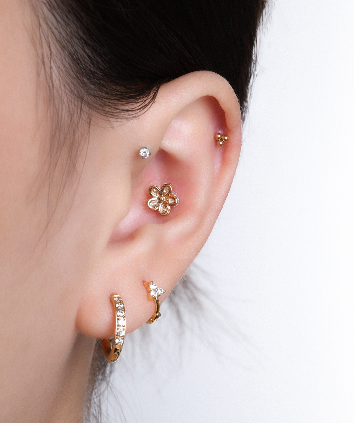 Trio Beads Stud - Stainless Steel - Helix, Forward Helix, Upper Lobe - Oumo Jewelry