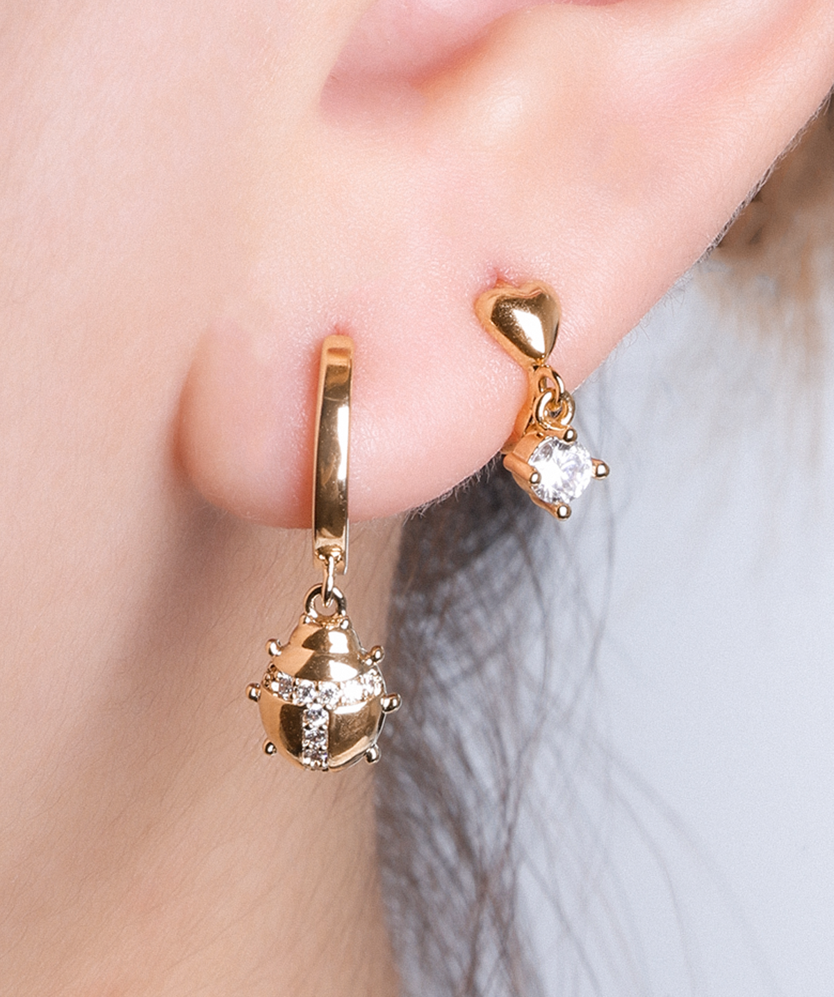 Ladybug Dangle Hoop - Brass - Lobe - Oumo Jewelry