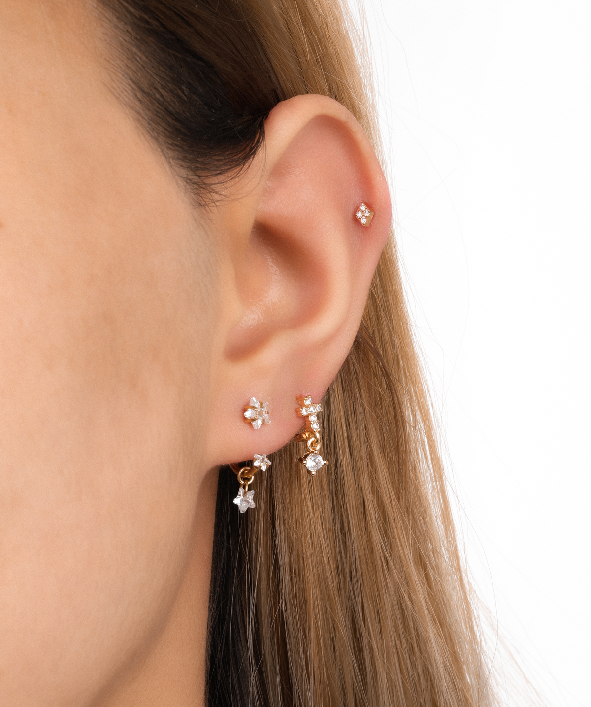 Gem Cross Hoop - Brass - Upper Lobe, Helix - Oumo Jewelry