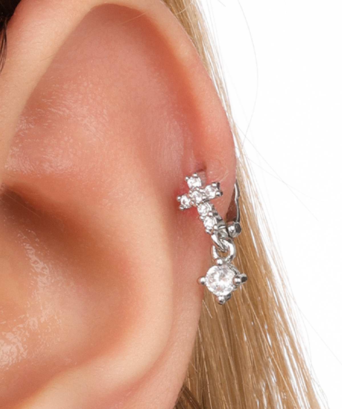 Gem Cross Hoop - Brass - Upper Lobe, Helix - Oumo Jewelry