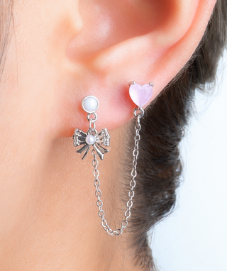 Pink Heart Bow Chain Stud