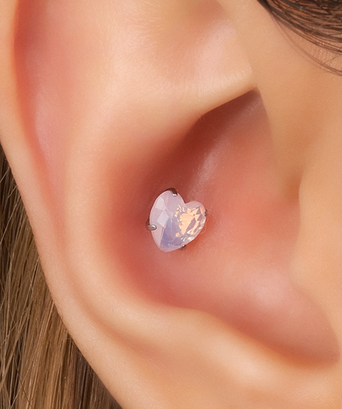 Titanium Pink Opal Heart Stud - Titanium - Helix, Forward Helix, Upper Lobe - Oumo Jewelry