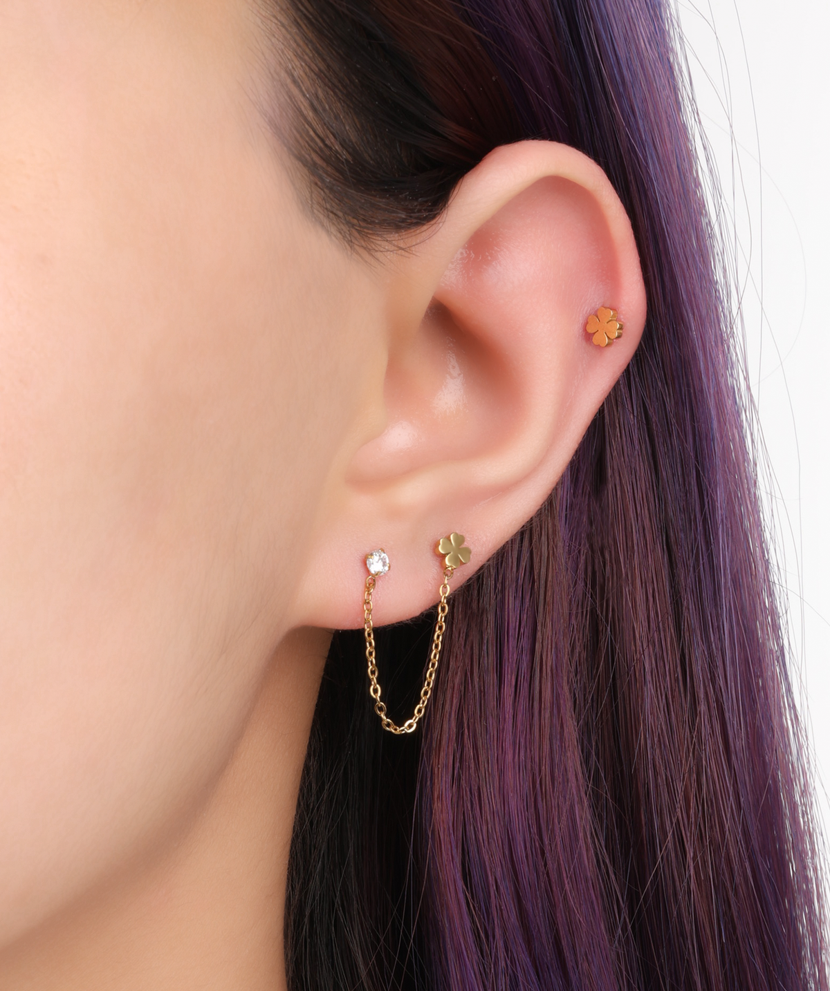 Four-Leaf Clover Chain Stud - Stainless Steel - Lobe, Upper Lobe - Oumo Jewelry