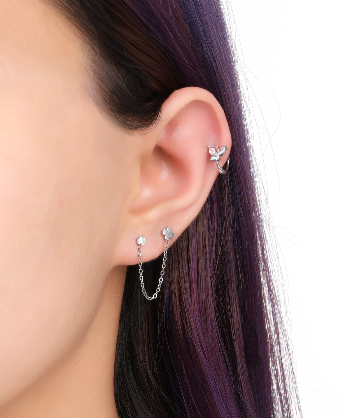 Four-Leaf Clover Chain Stud - Stainless Steel - Lobe, Upper Lobe - Oumo Jewelry