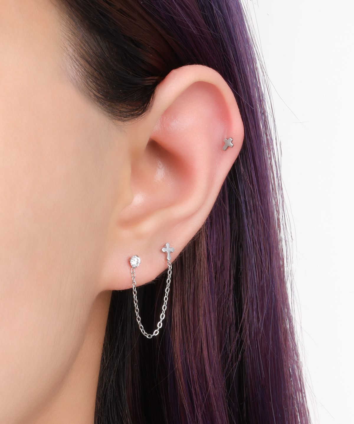 Cross Chain Stud - Stainless Steel - Lobe, Upper Lobe - Oumo Jewelry