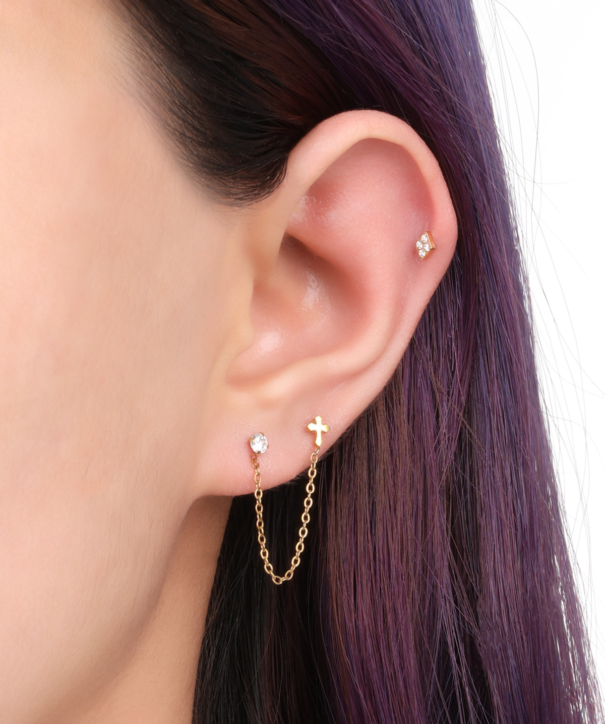 Cross Chain Stud - Stainless Steel - Lobe, Upper Lobe - Oumo Jewelry
