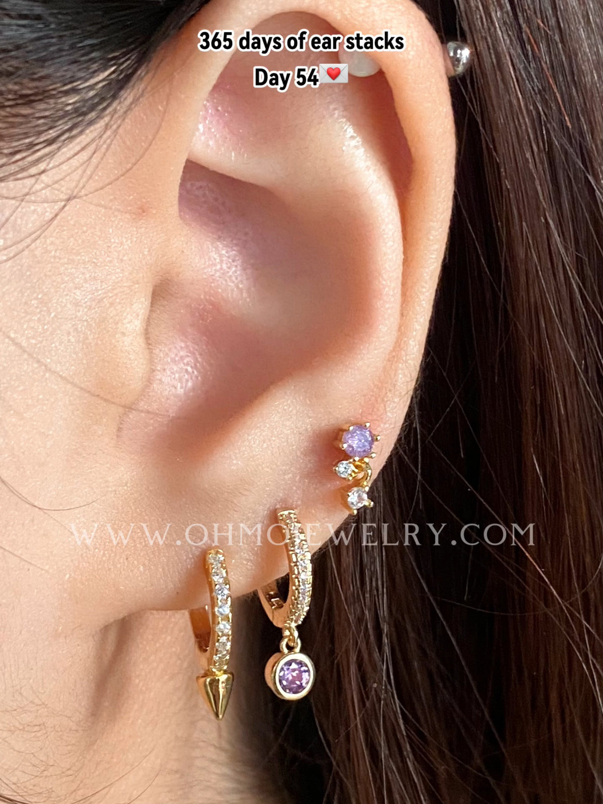 Alluring Purple Gemstone Drop - Stainless Steel - Upper Lobe, Helix, Flat - Oumo Jewelry