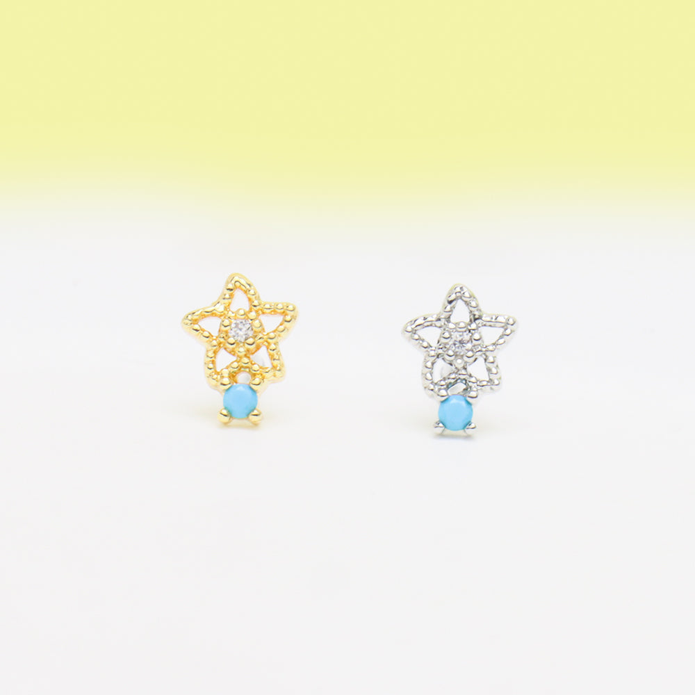 Turquoise Flower Stud - Stainless Steel - Upper Lobe, Helix, Flat - Oumo Jewelry
