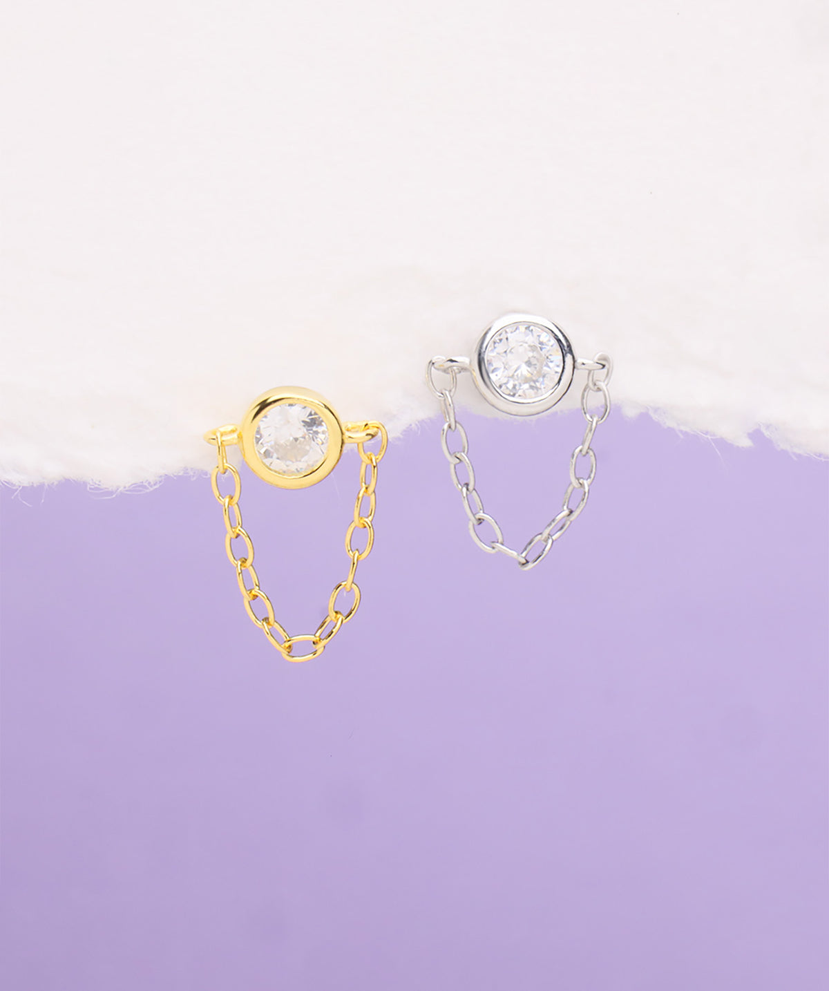 Sparkling Gemstone Chain Flatback Stud - Sterling Silver 925 - Upper Lobe, Flat - Oumo Jewelry
