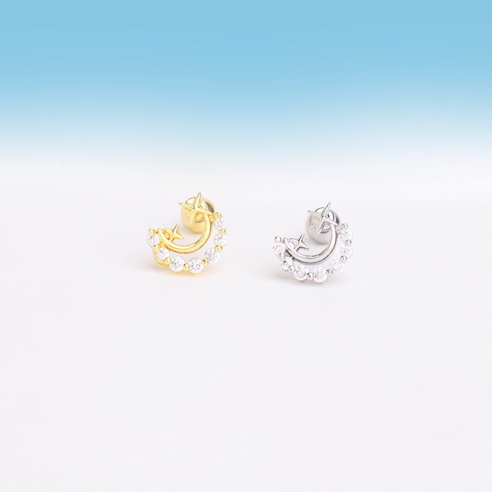 Delicate Crescent Star Stud - Stainless Steel - Upper Lobe, Helix - Oumo Jewelry