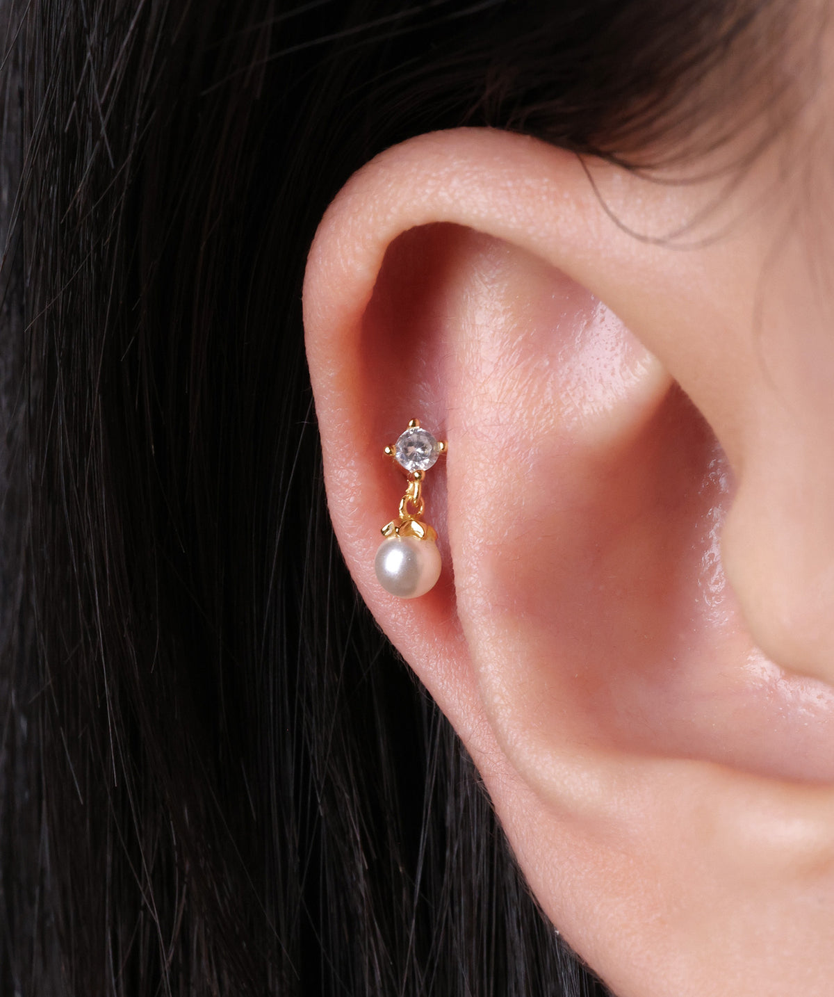 Gemstone Pearl Flatback Drop - Sterling Silver 925 - Helix, Forward Helix, Upper Lobe - Oumo Jewelry
