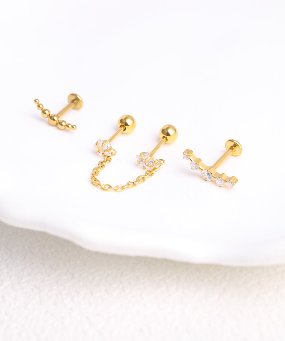 Titanium Curved Gems Flatback Stud - Titanium - Helix, Upper Lobe, Flat - Oumo Jewelry