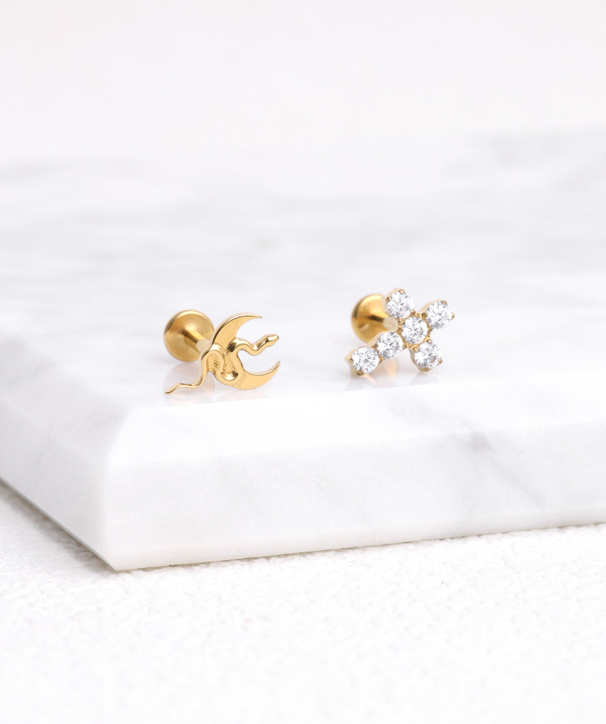 Titanium Moon Snake Flatback Stud - Titanium - Helix, Upper Lobe, Conch - Oumo Jewelry