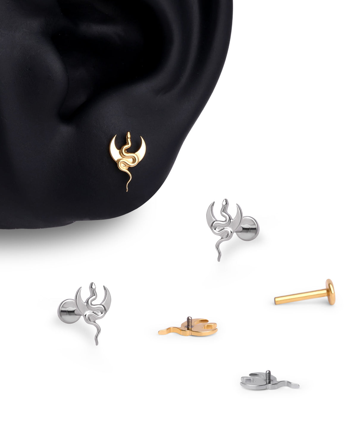 Titanium Moon Snake Flatback Stud - Titanium - Helix, Upper Lobe, Conch - Oumo Jewelry