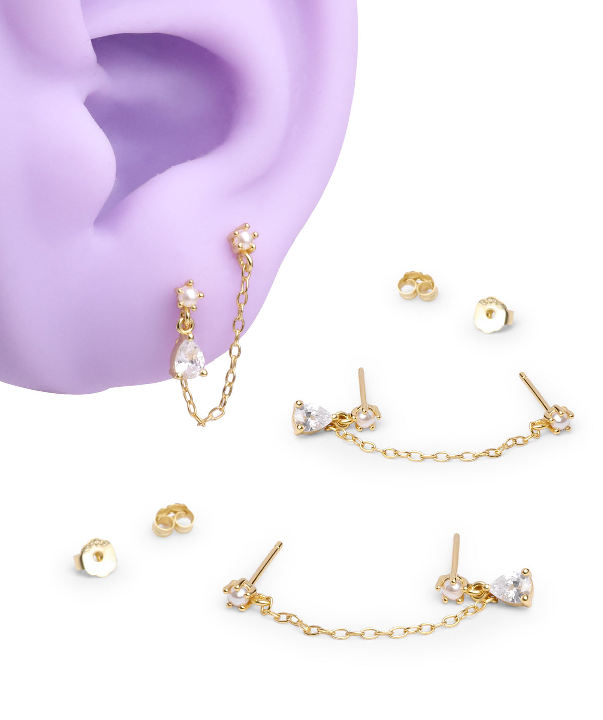 Pearl Water Drop Chain - Sterling Silver 925 - Lobe, Upper Lobe - Oumo Jewelry