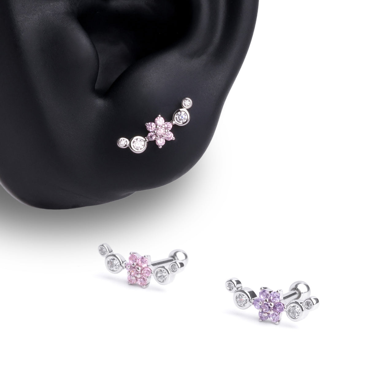 Curved Flower Stud - Stainless Steel - Upper Lobe, Helix, Flat - Oumo Jewelry