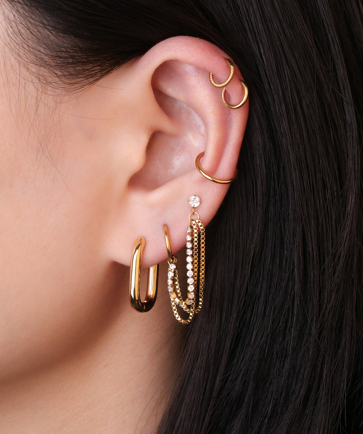Sparkling Triple Chain - Stainless Steel - Lobe, Upper Lobe - Oumo Jewelry