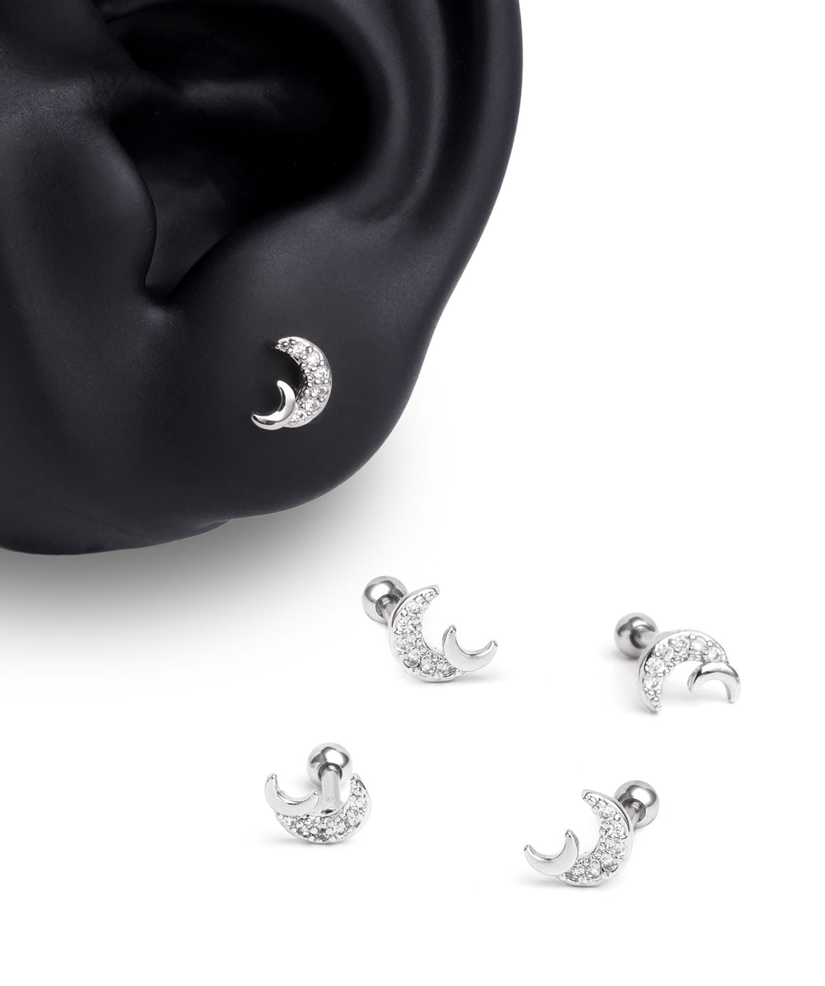 Double Moon Stud - Stainless Steel - Upper Lobe, Helix - Oumo Jewelry